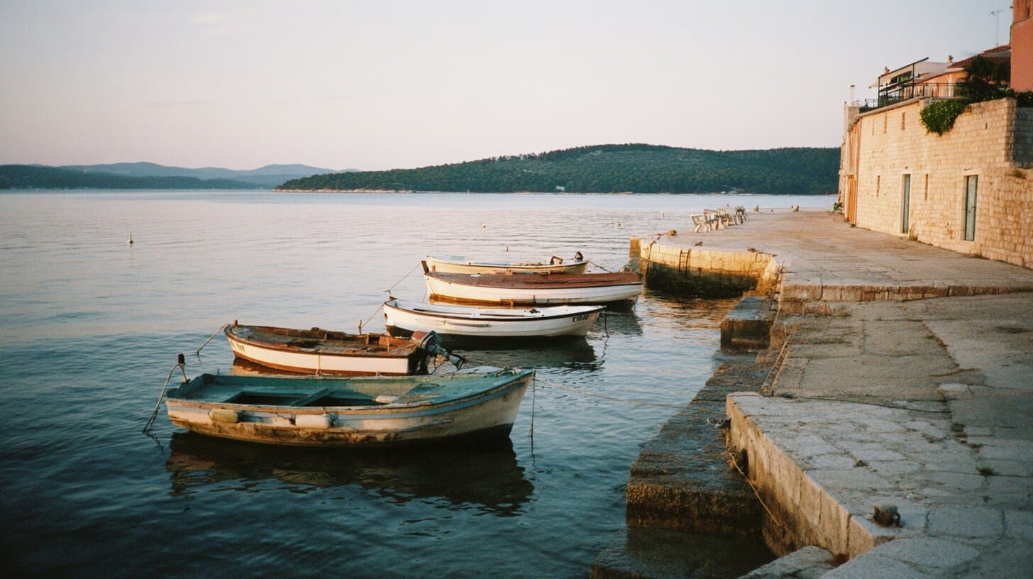 Un porticciolo dell'Adriatico al tramonto, con piccole barche di legno ormeggiate sull'acqua calma.